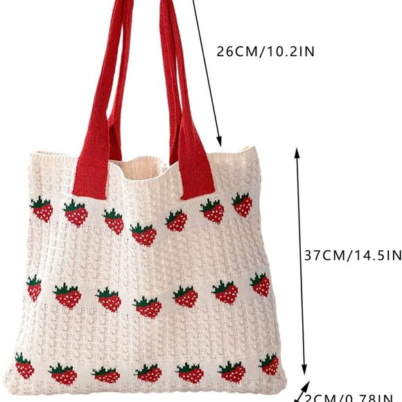 Cute Strawberry Pattern Tote Bag Crochet Tote Bag Shoulder Bag Handbags Knitting - Picture 2 of 6